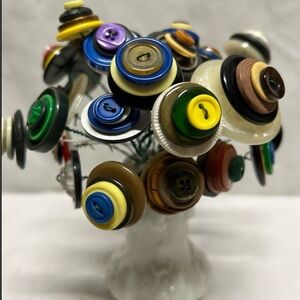 Handcrafted Colorful Button Bouquet w Vtg Buttons in EAPG Milk Glass Salt Shaker